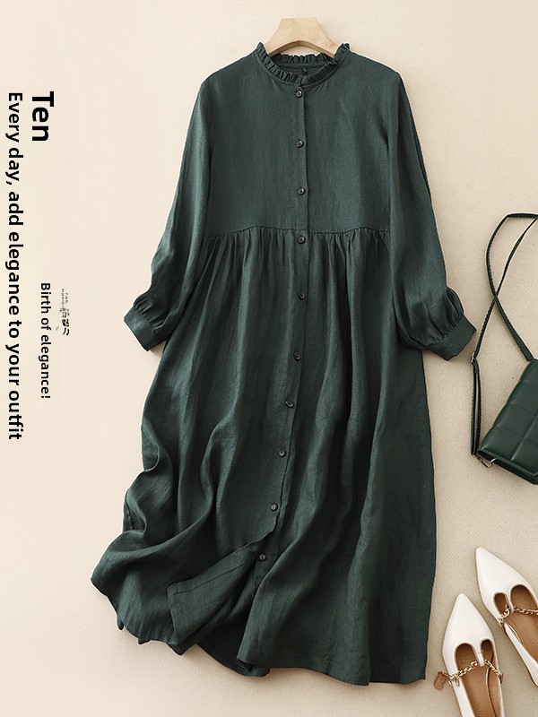 Casual Loose Linen Shirt Dress - Lässiges, lockeres Baumwoll-Leinen-Kleid mit langen Ärmeln