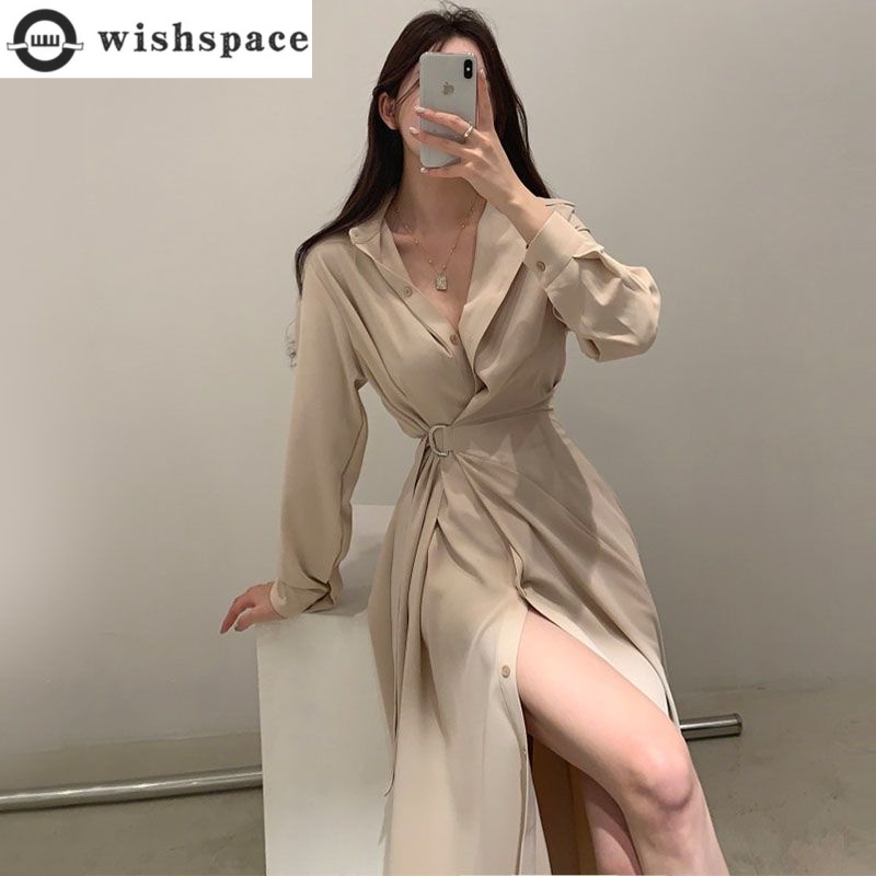 Korean Style A Line Shirt Dress - Langärmliges Revershemd-Kleid im koreanischen Stil, elegantes