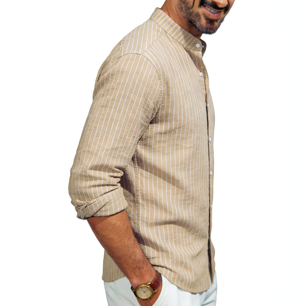 Casual Loose Linen Shirt Dress - Herrenhemd aus Leinen mit Stehkragen, langen