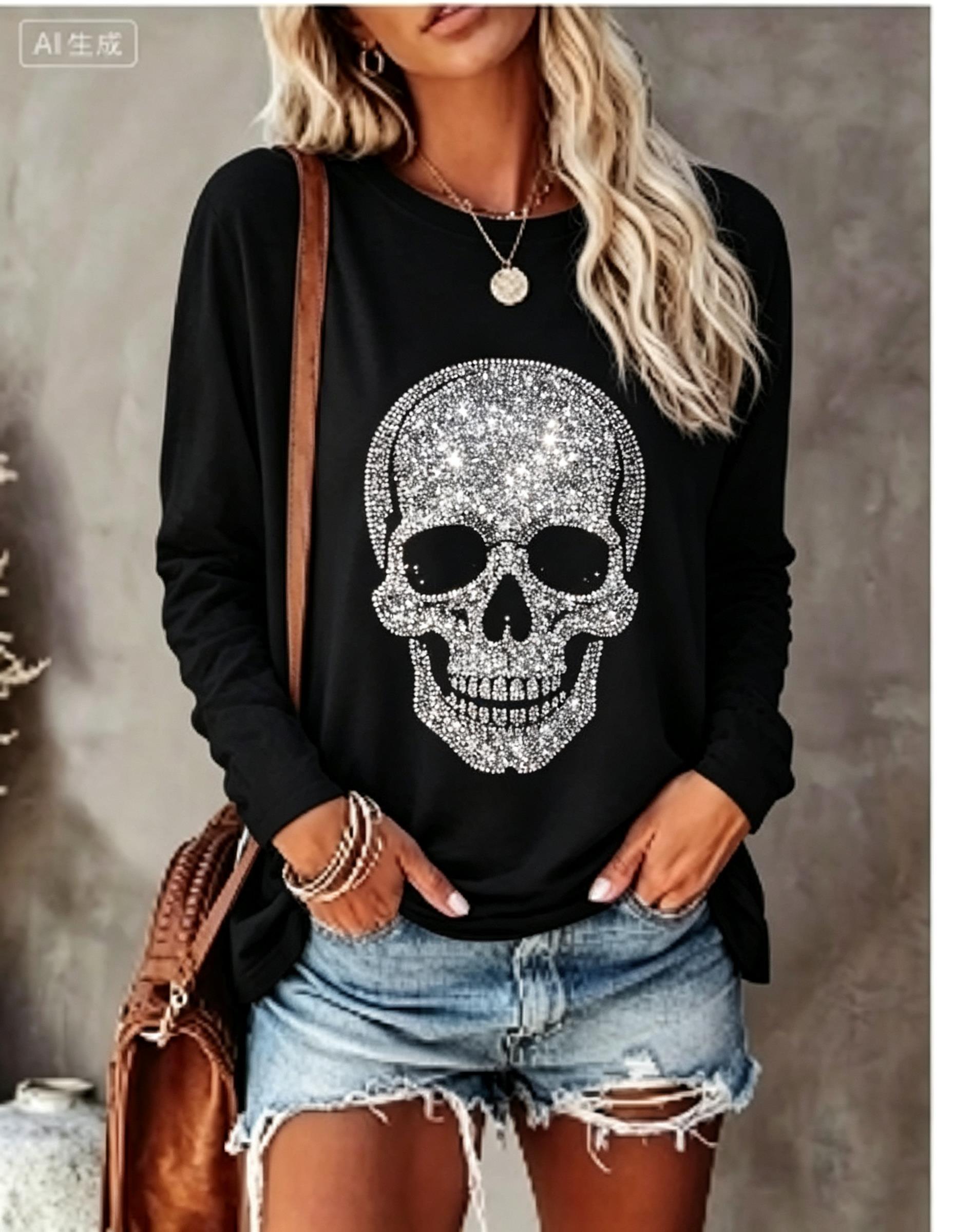 Blouses - Damen Langarm-T-Shirt mit simuliertem Strass-Totenkopf und