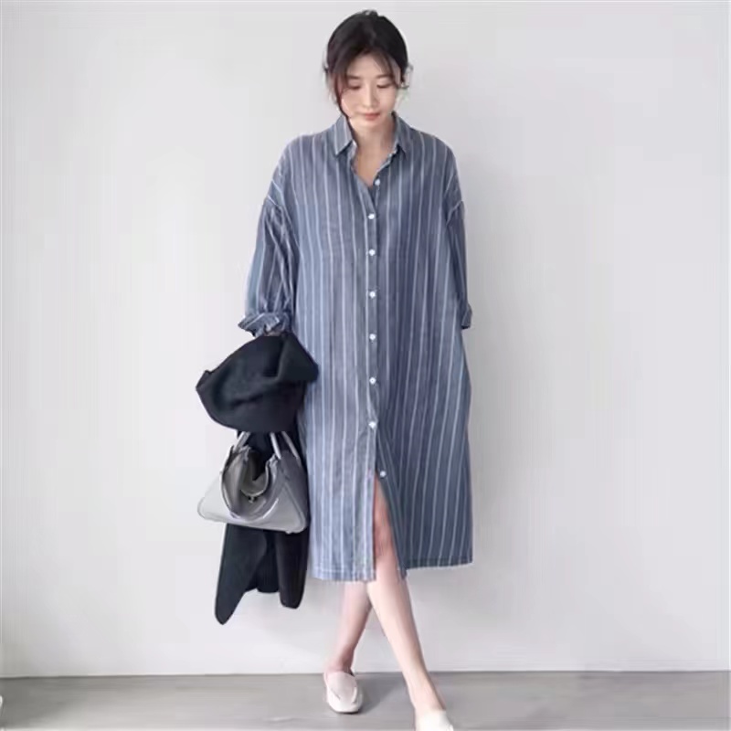 Blau gestreiftes Hemdkleid für – Korean Style A Line Shirt Dress Bewertung und Preis